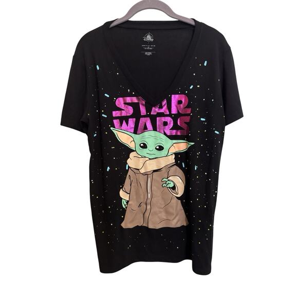 Disney Star Wars Baby Yoda Mandalorian V Neck Galaxy Print Pop Culture Tee LG - Picture 2 of 15